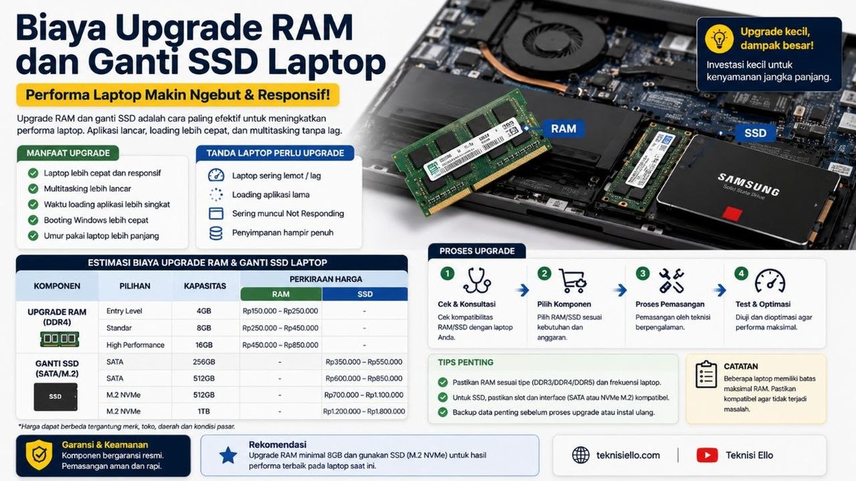 Biaya Upgrade RAM dan Ganti SSD Laptop - Infografis Manfaat, Harga, dan Proses Upgrade