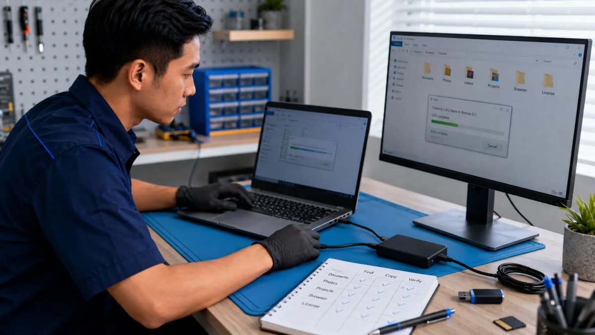 Teknisi menyalin data ke hard disk eksternal dengan checklist temukan, salin, dan verifikasi
