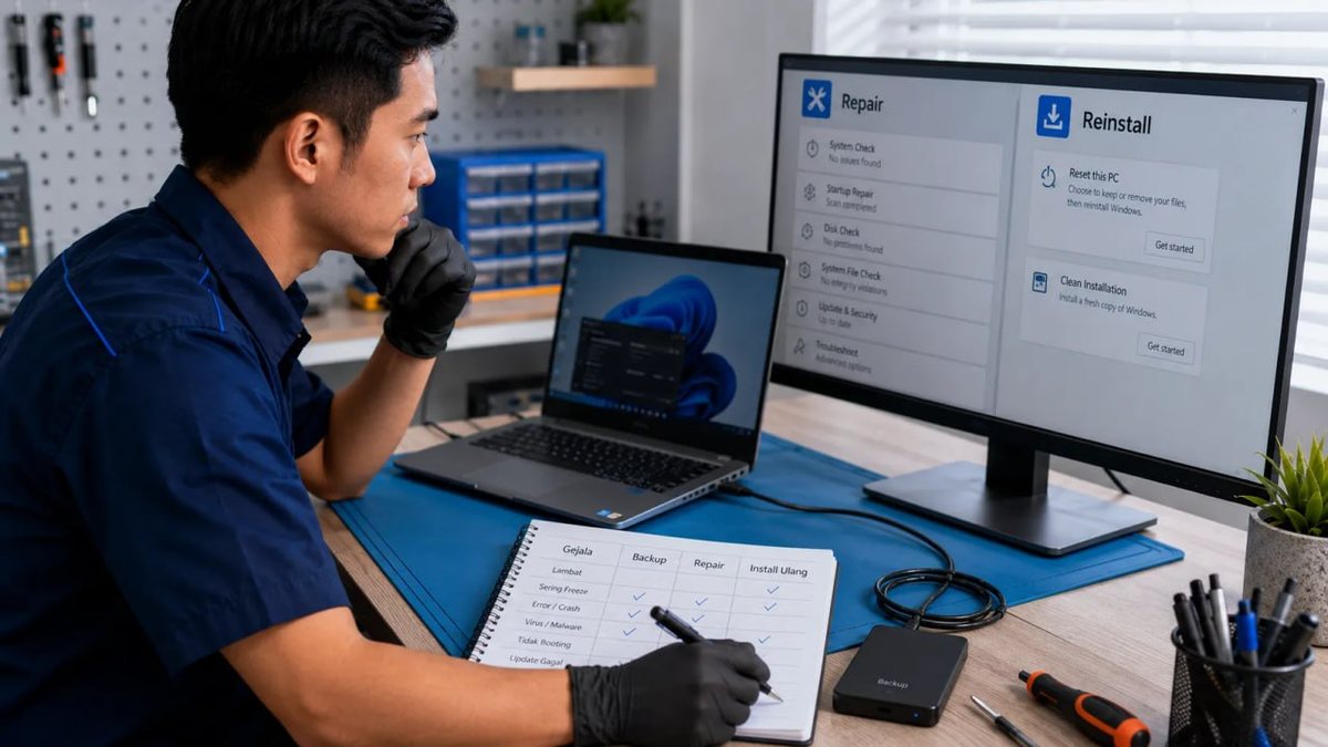 Teknisi menganalisis hasil diagnosis untuk memutuskan antara perbaikan dan install ulang Windows