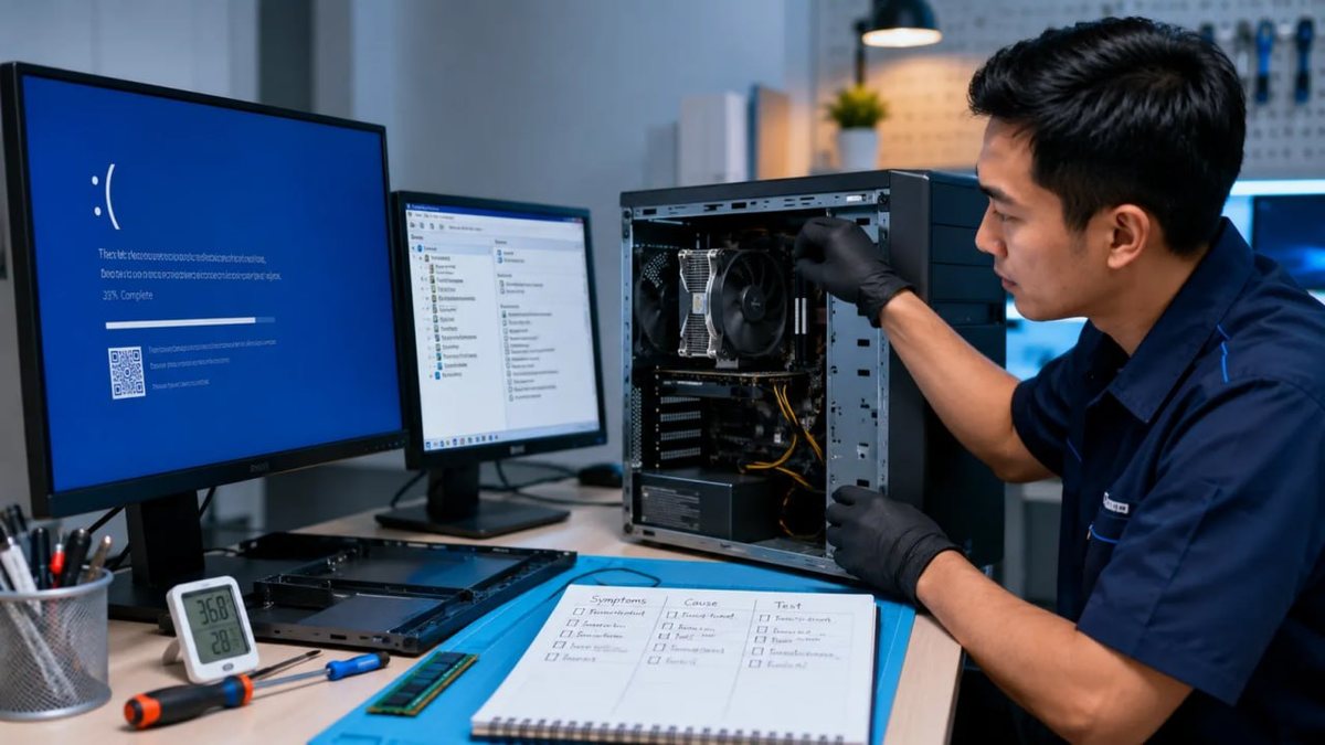 Teknisi memeriksa komponen komputer di meja kerja saat layar menampilkan Blue Screen