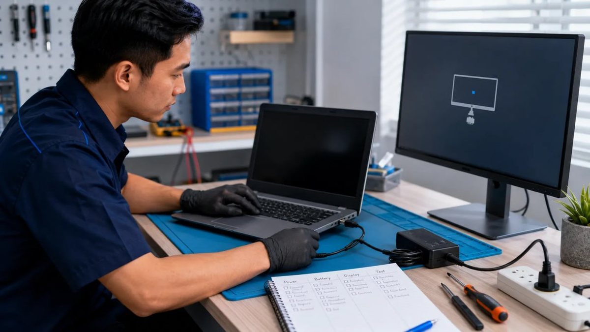 Teknisi memeriksa laptop di meja kerja dengan checklist diagnosis daya, baterai, dan tampilan