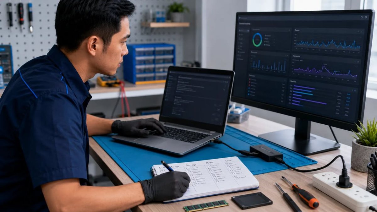 Teknisi memeriksa laptop dengan checklist diagnosis software, penyimpanan, dan RAM