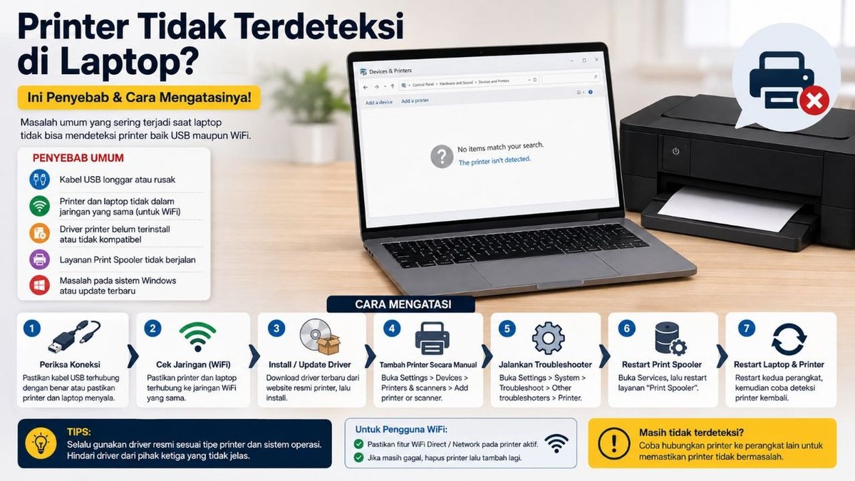 Printer Tidak Terdeteksi di Laptop - Infografis Penyebab dan Cara Mengatasi