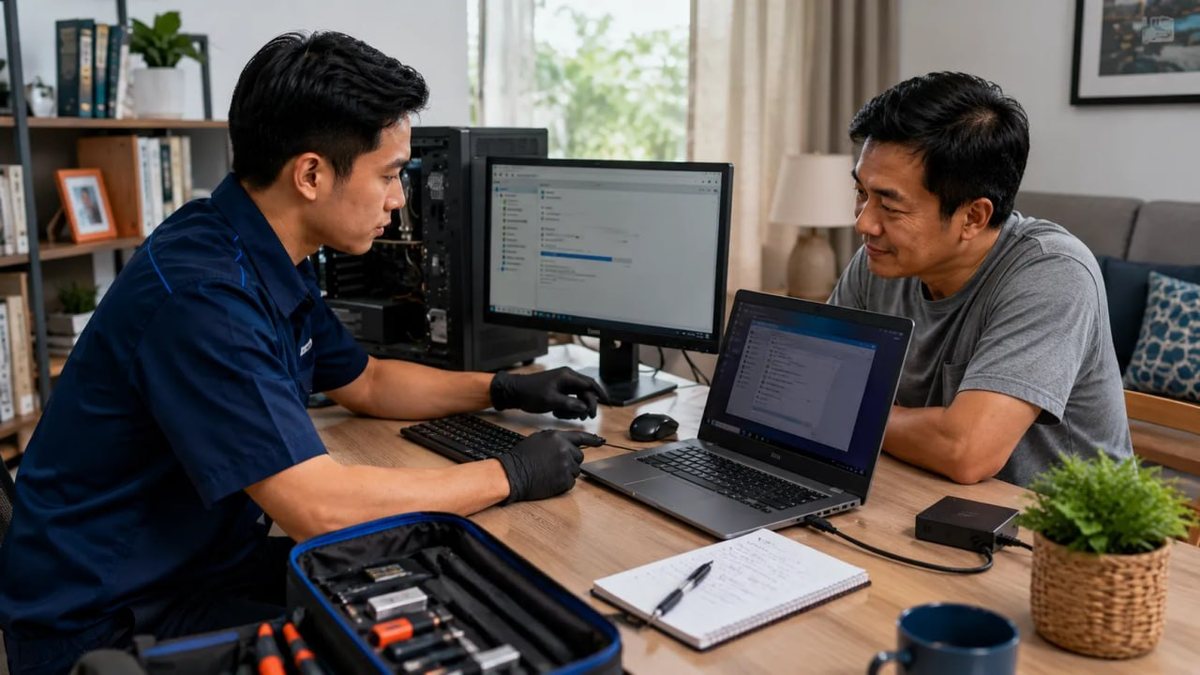 Teknisi memberikan layanan perbaikan komputer dan laptop di lokasi pelanggan